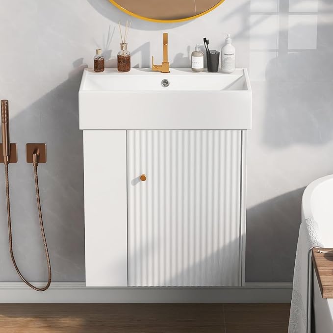 Virubi 21.6 in Floating Bathroom Vanity with Sink,Soft Closing Doors,Solid Wood Frame & MDF Modern Single Small White Bathroom Vanity Cabinet with Open Shelf,Wall Mounted