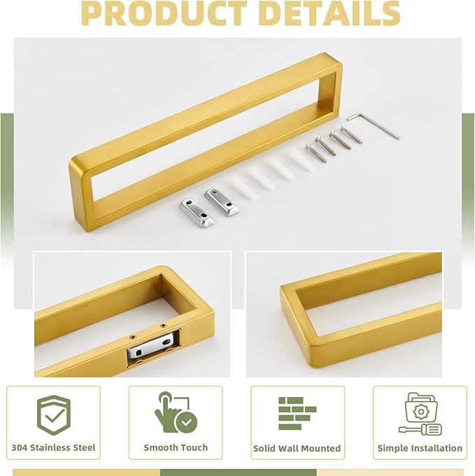 APLusee Brushed Gold Towel Bar, 304 Stainless Steel Towel Rack, Wall Mounted
