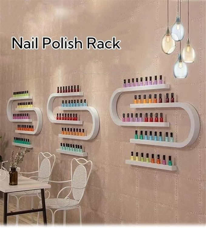 Wall Mounted Nail Polish Organizer - U-Shaped Perfume Storage Shelf, Salon/Beauty/Nail Shop Holder (White)