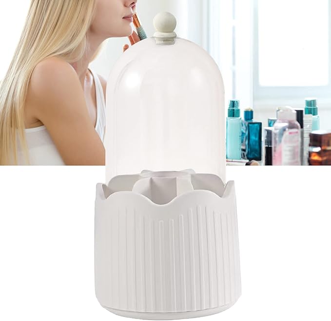 PerGar Makeup Brush Holder Organizer with Compartments, Transparent Dustproof 360 Degrees Rotatable Brush Storage Box with Lid, Cute Countertop Cosmetics Storage Cup for Vanity(White)