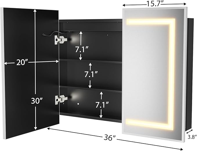 ROOMTEC Lighted Medicine Cabinet with Mirror 36"x30", Wall Mounted Bathroom Mirror with Storage, 2 Doors Bathroom Wall Cabinet with LED Lights, Sliver