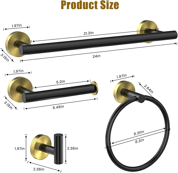 5 Pcs SUS304 Stainless Steel Bathroom Accessories Set, 24" Towel Bar, Round Towel Ring, Toilet Paper Holder, 2 Towel Hooks, Minimalist Design for All Styles Bathrooms (Black+Gold)