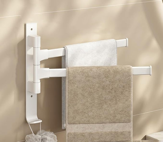 2 Arms Swivel Towel Rack Thicken Towel Holder with Hook Space Saving Towel Bar Wall Mount Swivel Towel Racks for Bathroom Kitchen-Beige