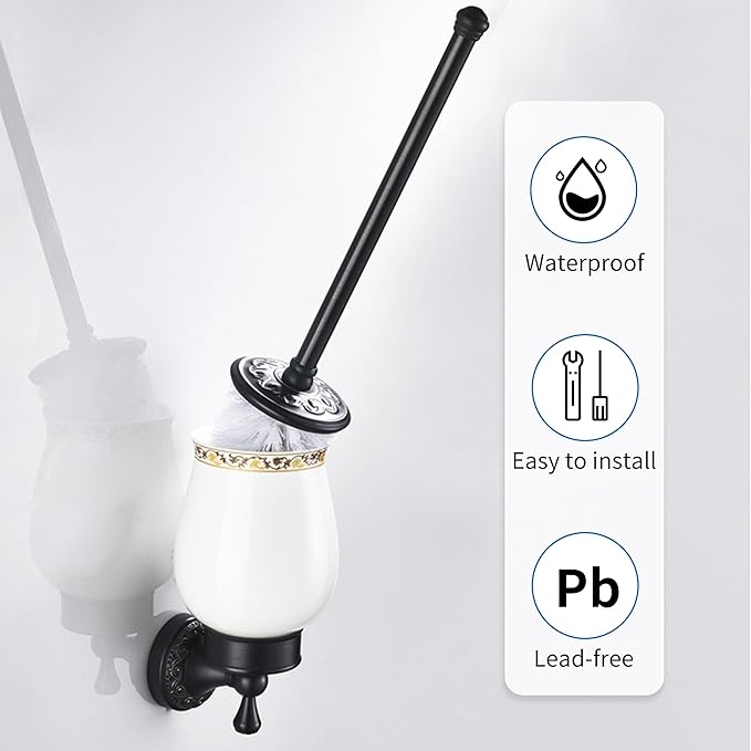 Oil Rubble Bronze Brass Bath Toilet Brush Holder Set, Wall Mounted Black Bathroom Hardware Accessories, Pattern Carving Design