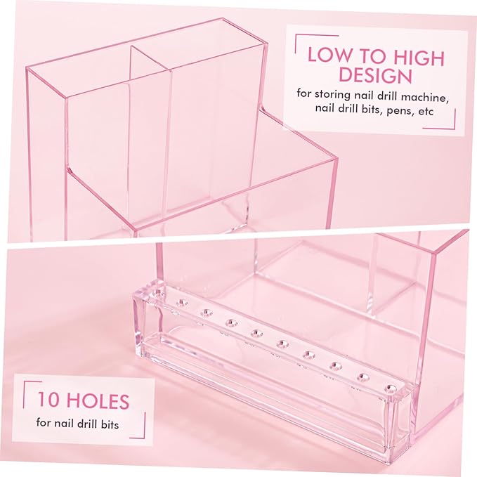 FRCOLOR Nail Drill Bits Holder Stand Display Organizer with Holes Transparent Storage Box for Nail Art Polishing Grinding Drill Bit (Pink)
