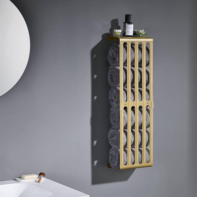 simpletome Towel Storage Rack Adjustable Height Wall Mount Bathroom Shelf Organizer Carbon Steel (Warm Gold)