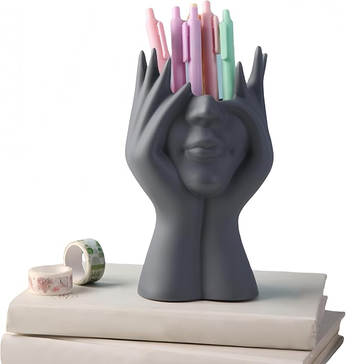 Make Up Brush Holder Organizer Face-Shaped Pen Holder Vase Organizer Abstract Art Face Hand Design Travel Cosmetic Holder | Makeup Organizer For Brushes (gray)