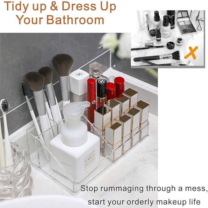 Clear Makeup Organizer, 12-Lipstick Slots and 4-Compartments Cosmetic Storage Display Case, Makeup Accessories Storage Stand for Lipstick, Brushes (Medium)
