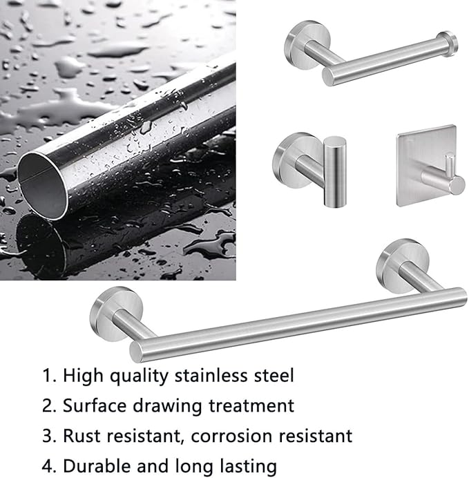 5-Pieces Bathroom Hardware Set, SUS304 Stainless Steel Towel Rack Set, 16" Hand Towel Rack, Toilet Paper Rack, 3 Bathrobe Towel Hooks, Bathroom Accessories, Towel Rack Set(Brushed Nickel)