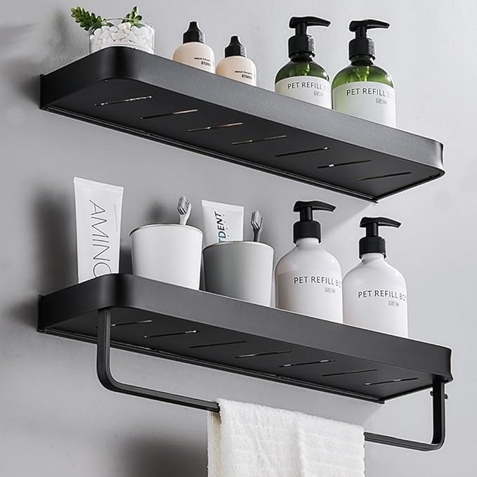 Bathroom Shelves Wall Mounted, Floating Shelf with Towel Bar, 2 Tier Bathroom Wall Organizer(Black)