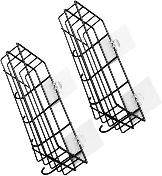 NUOBESTY Punch-Free Wall Storage Rack with Hooks 2pcs, Iron Hanging Organizer Shelf for Bathroom Kitchen, Black Metal Sundries Storage Holder