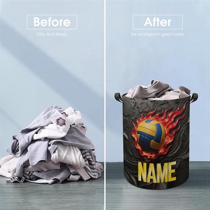 Personalized Volleyball Laundry Hamper Custom Name Funny Dirty Clothes Laundry Basket Portable Storage Basket For Home Bathroom Family Volleyball Lovers Xmas Birthday (style 18)