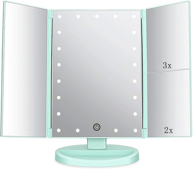 Flymiro Tri-fold Lighted Vanity Makeup Mirror with 3x/2x Magnification,Light up Mirror for Makeup,Touch Screen 21 LEDs,180° Rotation Countertop Cosmetic Mirror,Gifts for Women Mom Teen Girls