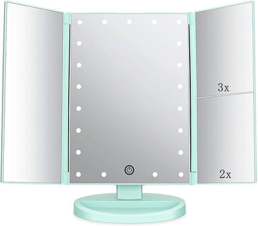 Flymiro Tri-fold Lighted Vanity Makeup Mirror with 3x/2x Magnification,Light up Mirror for Makeup,Touch Screen 21 LEDs,180° Rotation Countertop Cosmetic Mirror,Gifts for Women Mom Teen Girls