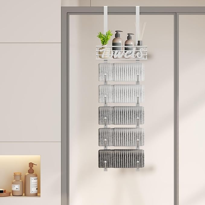 SWTYMIKI Hanging Towel Racks for Bathroom - 6 Tier Over The Door & Wall Mounted Bath Rolled Towel Storage Organizer Holder for Small Bathroom, RV, Camper, White (Patented)