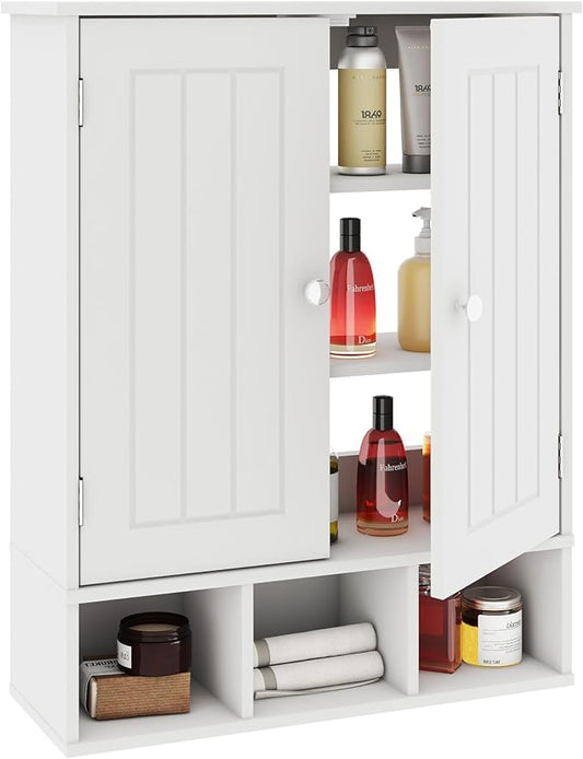 Bathroom Medicine Cabinet 2 Doors with 3 Open Shelves, Over The Toilet Storage Wall Mounted Medicine Cabinet with Adjustable Partitions，Home Cabinet for Bathroom,Living Room,Kitchen,White