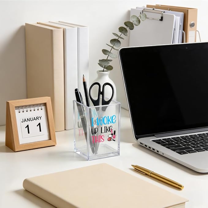 I Woke Up Like This Acrylic Cosmetic Pencil Pen Holder, Funny Vanity Accessories for Girls, Makeup Brushes Holder for Women Friend Sister, Desk Accessories Vanity Container for Makeup Lover