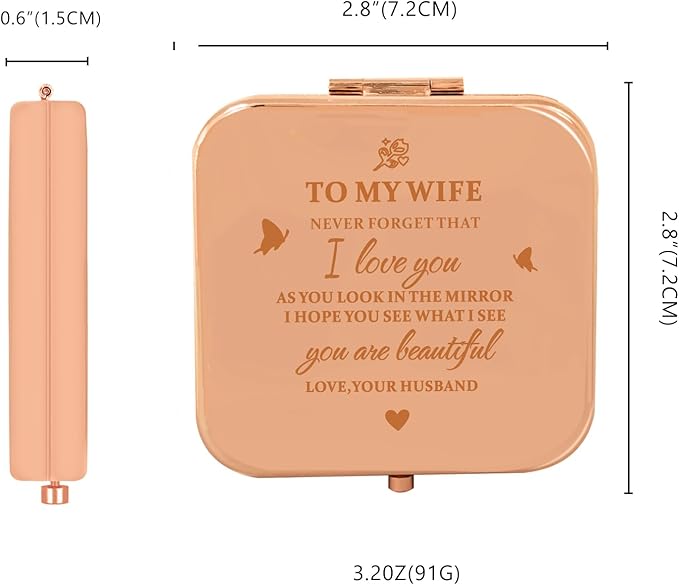 Gifts for Wife - Beautiful Wife Gift Compact Mirror Rose Gold, Birthday Gifts for Women, Wedding Anniversary, Valentines Day, Mothers Day for Wife
