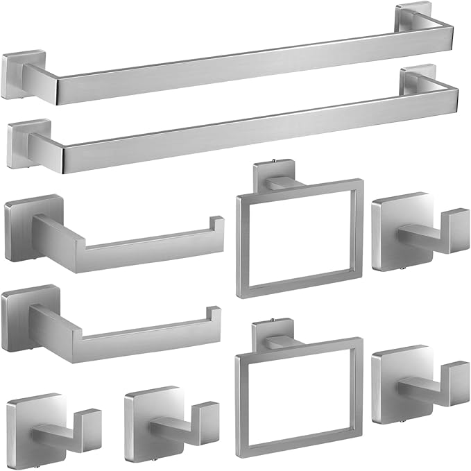 Square Brushed Bathroom Hardware Set 10-Piece with 16 Inch Sleek Towel Bars, Towel Ring, Toilet Paper Holders and Towel Hooks|Warm-Tone Bathroom Fixtures