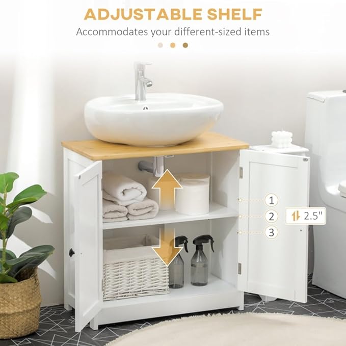 Pedestal Sink Storage Cabinet with Double Doors, Under Sink Cabinet with Shelf, Space-Saving Bathroom Vanity Wall-Mountable U Cut-Out Easy Assembly Crystal White & Walnut