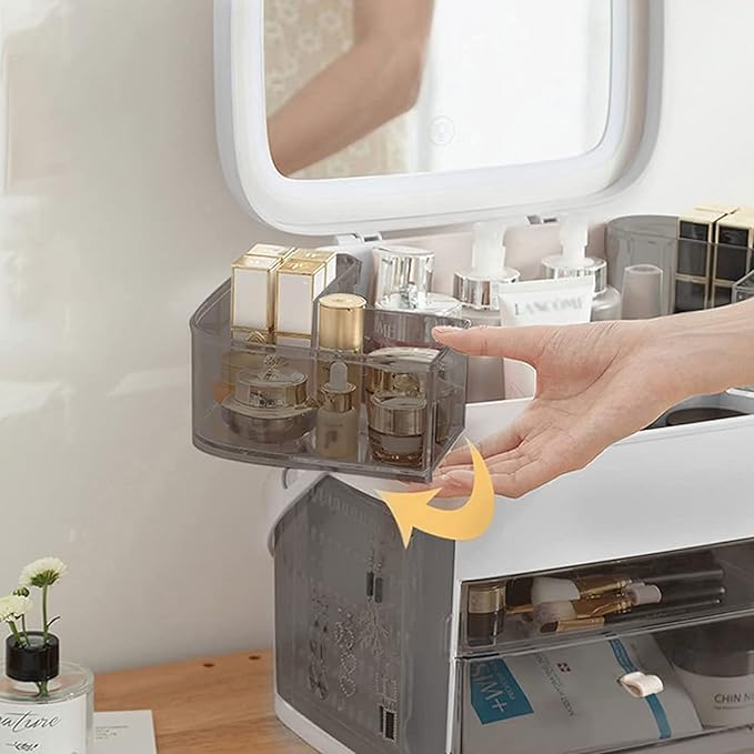 Makeup Organizer (Orange with LED) Fully Open Lid Drawers Handle Skincare Case elegant display cabinet for Bathroom Countertop and Bedroom Vanity Dresser，Cosmetics storage display rack with drawer