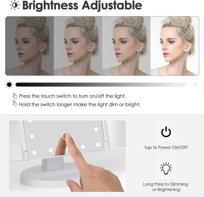 DenCert Makeup Mirror Vanity Mirror with Lights 1X 2X 3X 10X Magnification, Lighted Makeup Mirror, Touch Control, Tri-Fold Portable LED Makeup Vanity, Two Power Supply Modes, White