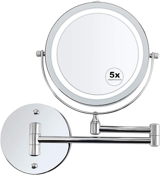 alvorog Wall Mounted Makeup Mirror LED Lighted Double Sided 5X Magnification 360° Swivel Extendable Cosmetic Vanity Mirror for Bathroom Hotels, Powered by Batteries (Not Included)-7 inches