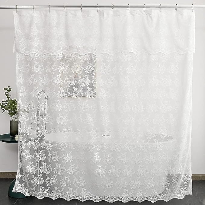 YJ YANJUN White Long Shower Curtain 84 Length Scalloped Edge Victorian Shower Curtain Embroidered Lace Bath Curtain Cottage core Bath Curtain Farmhosue Boho Vintage Bathroom Décor 72 x 84