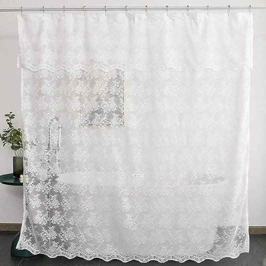YJ YANJUN White Long Shower Curtain 84 Length Scalloped Edge Victorian Shower Curtain Embroidered Lace Bath Curtain Cottage core Bath Curtain Farmhosue Boho Vintage Bathroom Décor 72 x 84