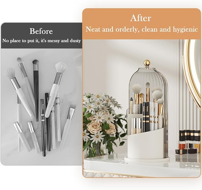 Makeup Brush Holder Organizer with Lid, 360?? Rotating Clear Dustproof Cosmetics Storage, Makeup Brushes Cup Pen Holder for Vanity Desktop Bathroom Countertop (Clear White Cap)