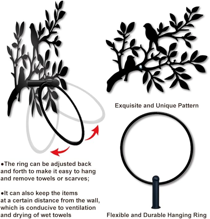 MAYJOYDIY Branch Bird Metal Towel Ring Tree Animal Towel Holder for Wall Leafy Plants Towel Ring Black Plant Towel Rack Wall Mounted for Bathroom Kitchen Towel Hanger Home Decors Gift
