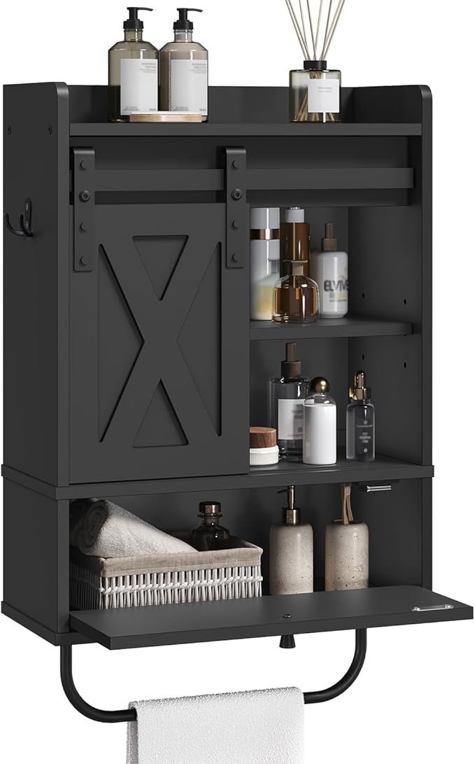 MAHANCRIS Bathroom Wall Cabinet, Farmhouse Medicine Cabinets with Sliding Door, Wall Mounted Storage Cabinet with Adjustable Shelf and Towel Bar, for Bathroom, Living Room, Kitchen, Black