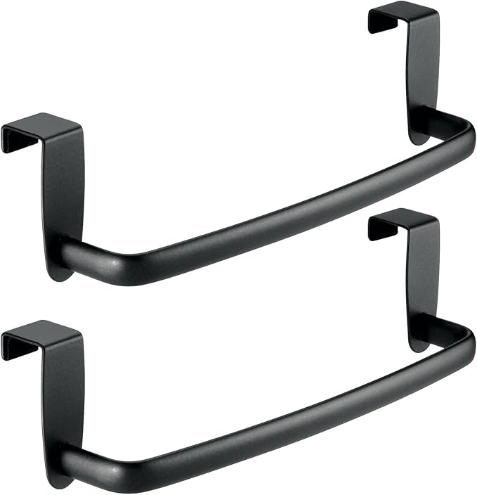 mDesign Steel Metal Wire Over Cabinet Towel Rack Storage Organizer - Hang on Cabinet or Door - Towel Bar Holder for Kitchen - Holds Hand Towels, Washcloths - Spira Collection, 2 Pack, Matte Black