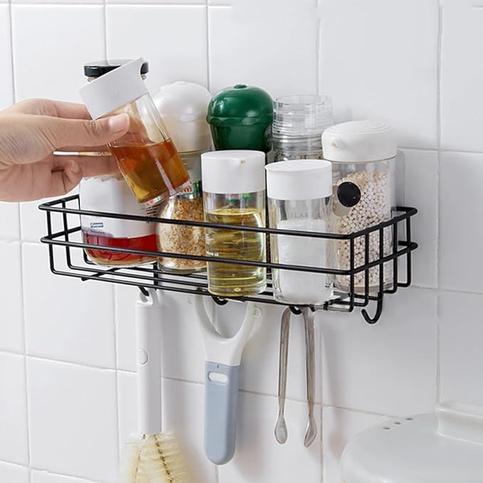 Veemoon Wall-Mounted Punch-Free Storage Rack with Hooks 2pcs, Iron Material, Nail-Free Organizer Shelf for Bathroom Kitchen, Black Bathroom Hanging Storage Solution