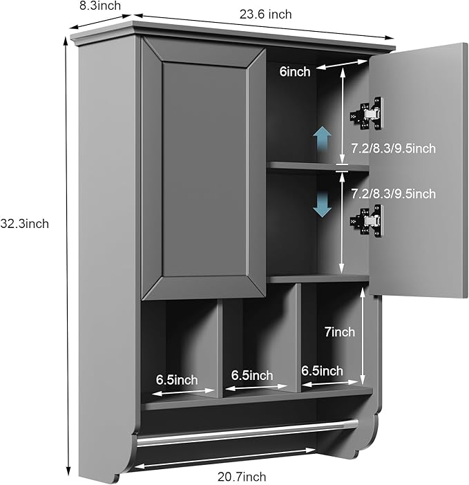 VANIRROR Bathroom Wall Cabinet with Towel Bar,Wooden Medicine Cabinet Adjustable Shelves,23x32 Inch Kitchen Cabinet,Over Toilet Storage Cabinet for Bathroom,Kitchen,Laundry