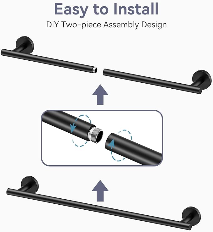Matte Black Towel Bar, 26 Inch Towel Racks for Bathroom Useable Length 24 Inch Wall-Mounted, Bathroom Towel Rod Holder SUS304 Stainless Steel