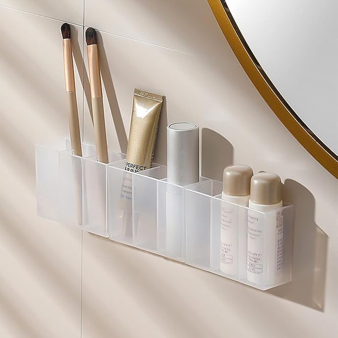 Mini Wall Mount Storage Box, 6 Compartment Transparent Plastic Makeup Brush Lipstick Holder Self-Adhesive Pen Holder Makeup Organizer for Home Office..