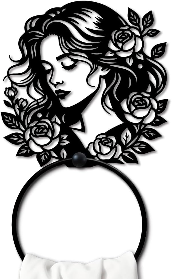 MAYJOYDIY Woman and Flowers Metal Towel Ring, Branch Leaves Black Hand Towel Holder, Romantic Rose Lady Hanging Ring Wall Mounted Bathroom Accessories for Bathroom Kitchen Home Decoration Gift