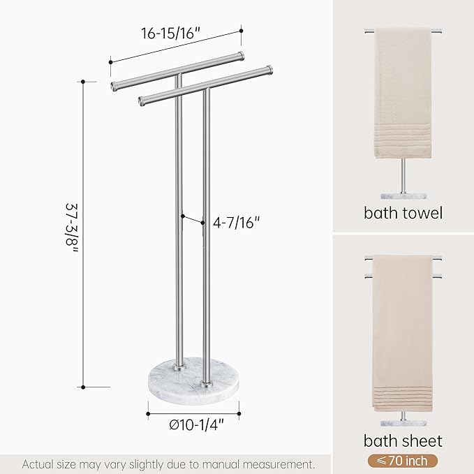KES Free Standing Towel Rack 3X Thicker Round Marble Base for Bathroom Floor, Double T-Shape Towel Rack Stand with 100% Natural Mable Base, 18/8 Stainless Steel, Brushed Finish, BTH237B-2