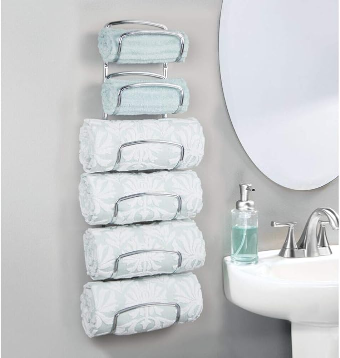 mDesign Metal Towel Shelves – Towel Rack for the Bathroom with 6 Compartments – Practical Bathroom Accessories for Both Large and Small Towels – Silver
