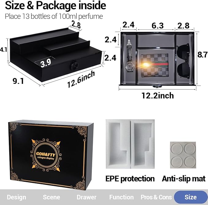 GOH&FTY Cologne Organizer for Men, 3-Tier Perfume Display Stand with Hidden Compartment, Waterproof 5MM Matte Black Acrylic, Smooth Drawers Holds 13+ Bottles, Luxury Dresser/Bedroom Decor Gift