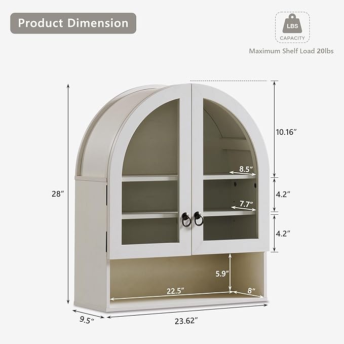 IFGET Bathroom Arched Wall Cabinet, 23.6'' Wide Medicine Cabinet with Adjustable Shelves & Glass Doors, Over The Toilet Storage Wall Mount Cabinet for Laundry Room,Kitchen & Living Room, Antique White