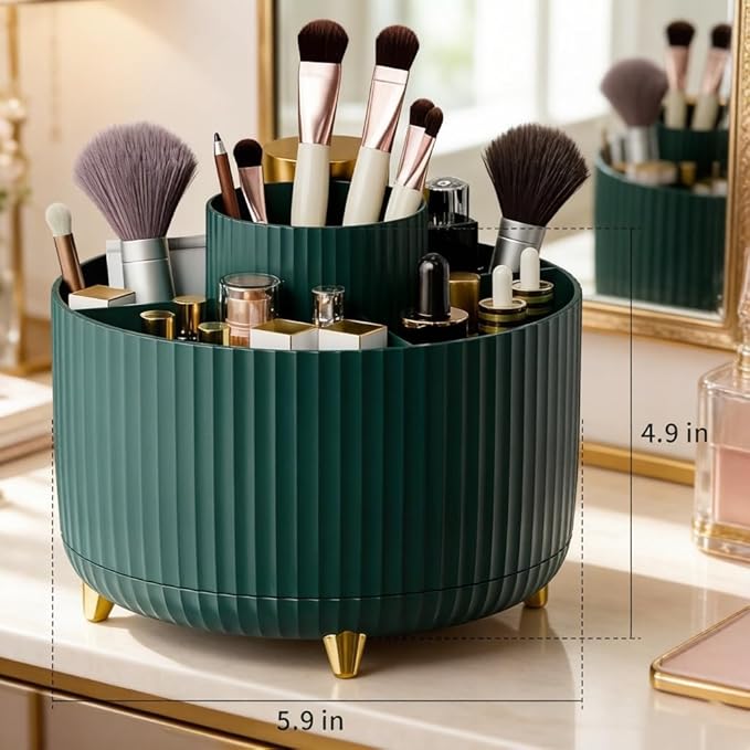 Makeup Brush Holder,360° Rotating Makeup Brush Organizer,5 Slot Make up Brushes Cup for Cosmetics,Large Capacity,For Nail Polish, Art Supply, Bathroom Vanity,Cosmetics Organizer,Green