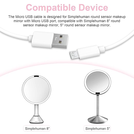 Zosvoses Micro USB Charging Cable Compatible with Simplehuman 5 inch & 8 inch Round Sensor Makeup Mirror, 6.6ft