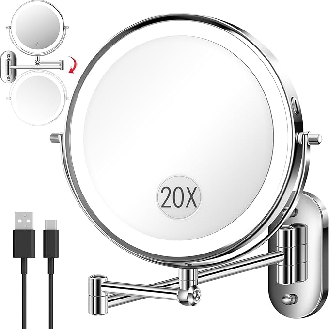 vpu 9" Wall Mounted Makeup Mirror with Light, 20X/1X Height Adjustable Double Sided Magnifying Bathroom Lighted Mirror, 3 Color Touch Dimmable Extended Arm 360 Rotation Light up Magnification Mirrors