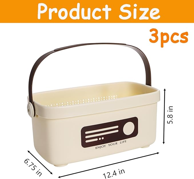 Frcctre 3 Pack Shower Caddy Basket with Handles, Portable Plastic Tote Storage Basket Toiletry Organizer Bin for Bathroom, Kitchen, Pantry, College Dorm, Gym