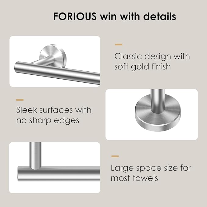 FORIOUS Towel Racks for Bathroom Wall Mounted, Stainless Steel Bathroom Towel Rack 11 Inch, Includes Wall Mounting Hardware (Brushed Nickel, Hanging Space 9-Inch)