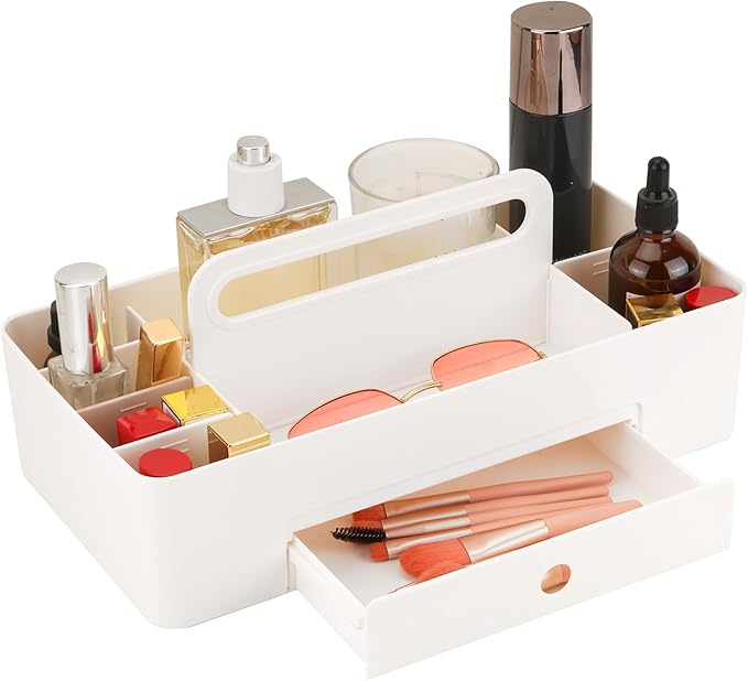 Multipurpose Caddy Organizer with Handle -8 Compartments and 1 small drawer - Art Craft Supplies, Office, Desk, Stationery Pen Holder, Makeup, Bathroom, Shower, Cleaning, Dorm Organizer - White