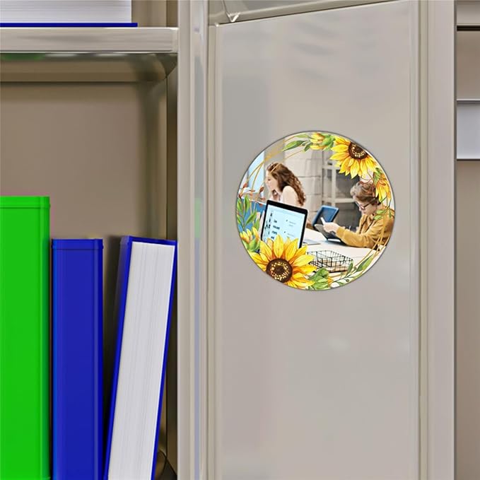 Magnetic Locker Mirror, Sunflower Decor Acrylic Mirror Magnetic Decorative Mirror, Personal Makeup Mirror Floral Magnetic Mirror for School Locker Refrigerator Office Bedroom Home Decor (Round)