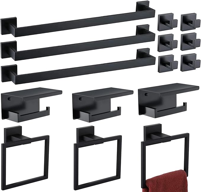 Bathroom Hardware Set 15 Piece Matte Black Bathroom Accessories Set SUS304 Towel Bar Set Includes 3 Towel Bar 24 Inch+3 Towel Holder+3 Toilet Paper Holder+6 Towel Hooks (15, Matte Black)